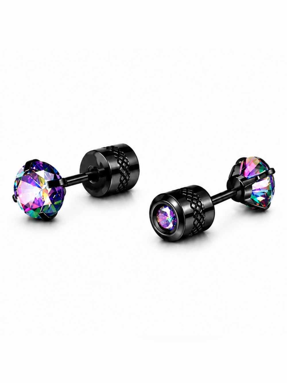Black Rainbow CZ Double Ended Stud Earrings Stainless Steel Screw Back 6mm